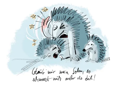 Frustrated hedgehog with two baby hedgehogs, cartoon by Björn von Schlippe
