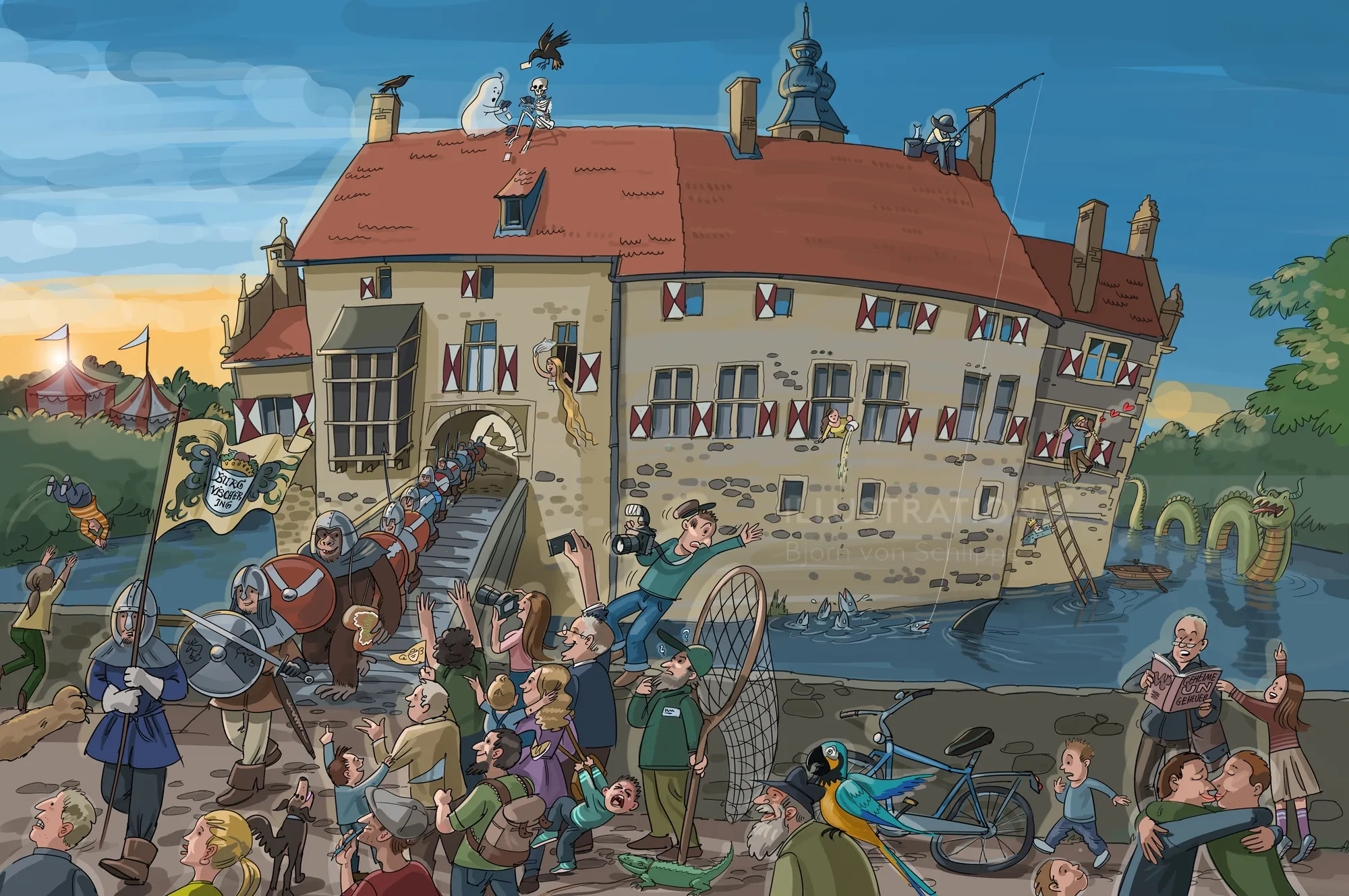 Medieval castle siege scene with soldiers and villagers by a river, artwork by Björn von Schlippe