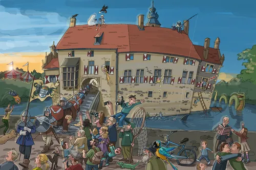 Medieval castle siege scene with soldiers and villagers by a river, artwork by Björn von Schlippe