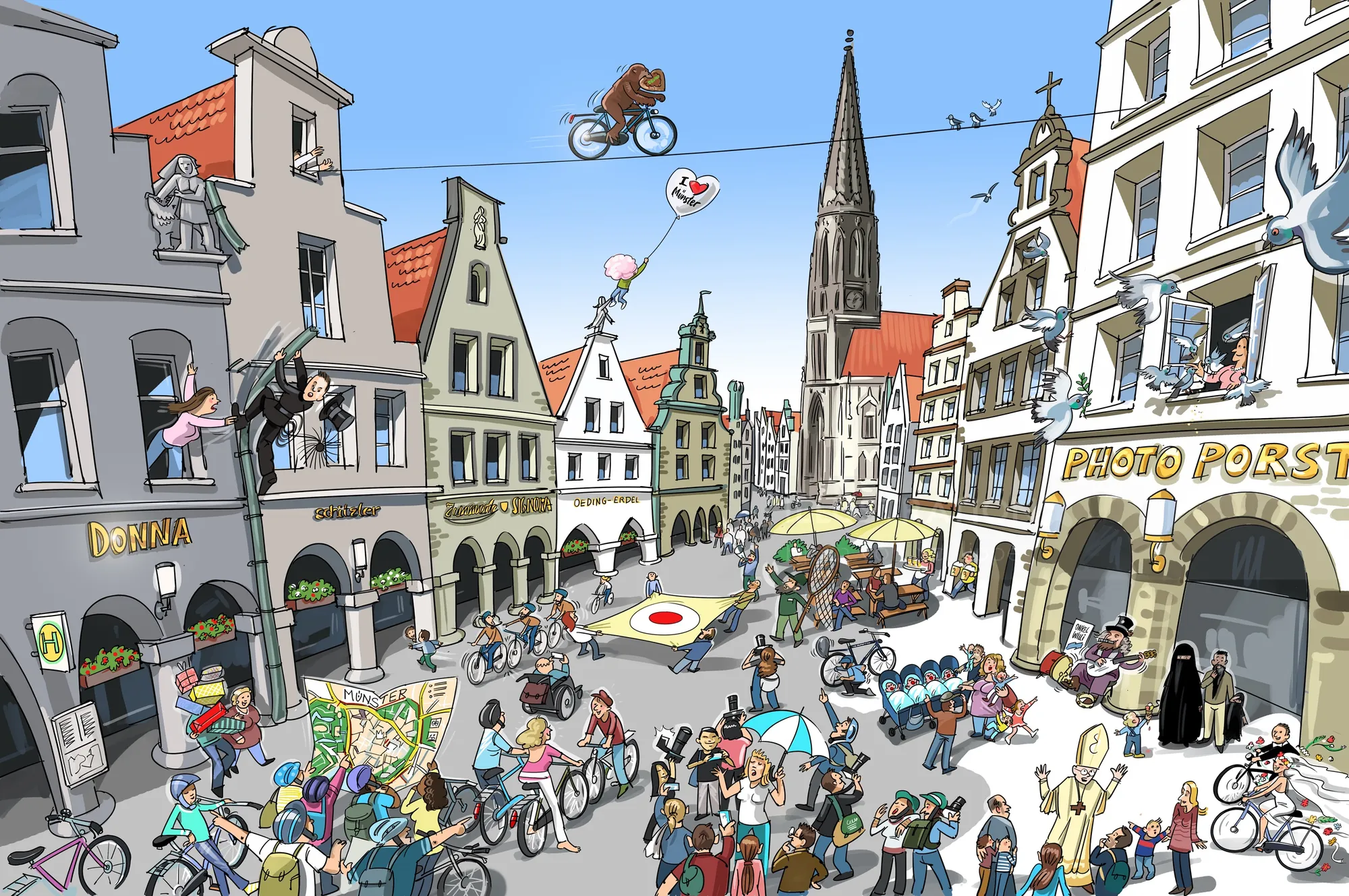 Colorful European town square busy with cyclists and pedestrians, illustration by Björn von Schlipp