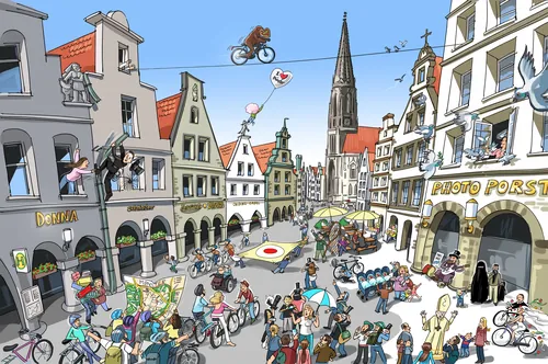 Colorful European town square busy with cyclists and pedestrians, illustration by Björn von Schlipp