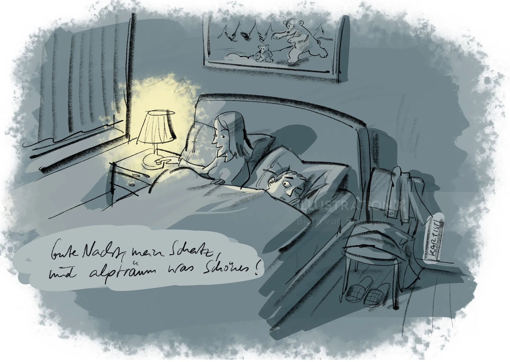 Couple in bed at night with lamp and bedside items by Björn von Schlippe