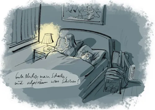 Couple in bed at night with lamp and bedside items by Björn von Schlippe