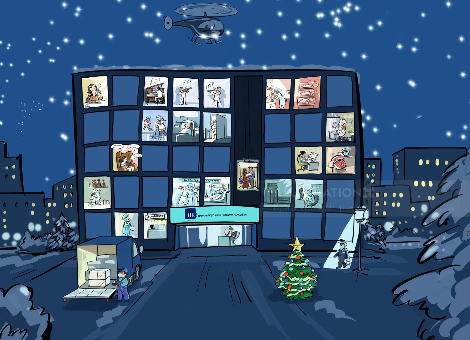 Nighttime office building illuminated with festive Christmas tree and snow, by Björn von Schlippe