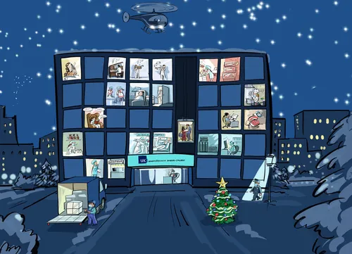 Nighttime office building illuminated with festive Christmas tree and snow, by Björn von Schlippe