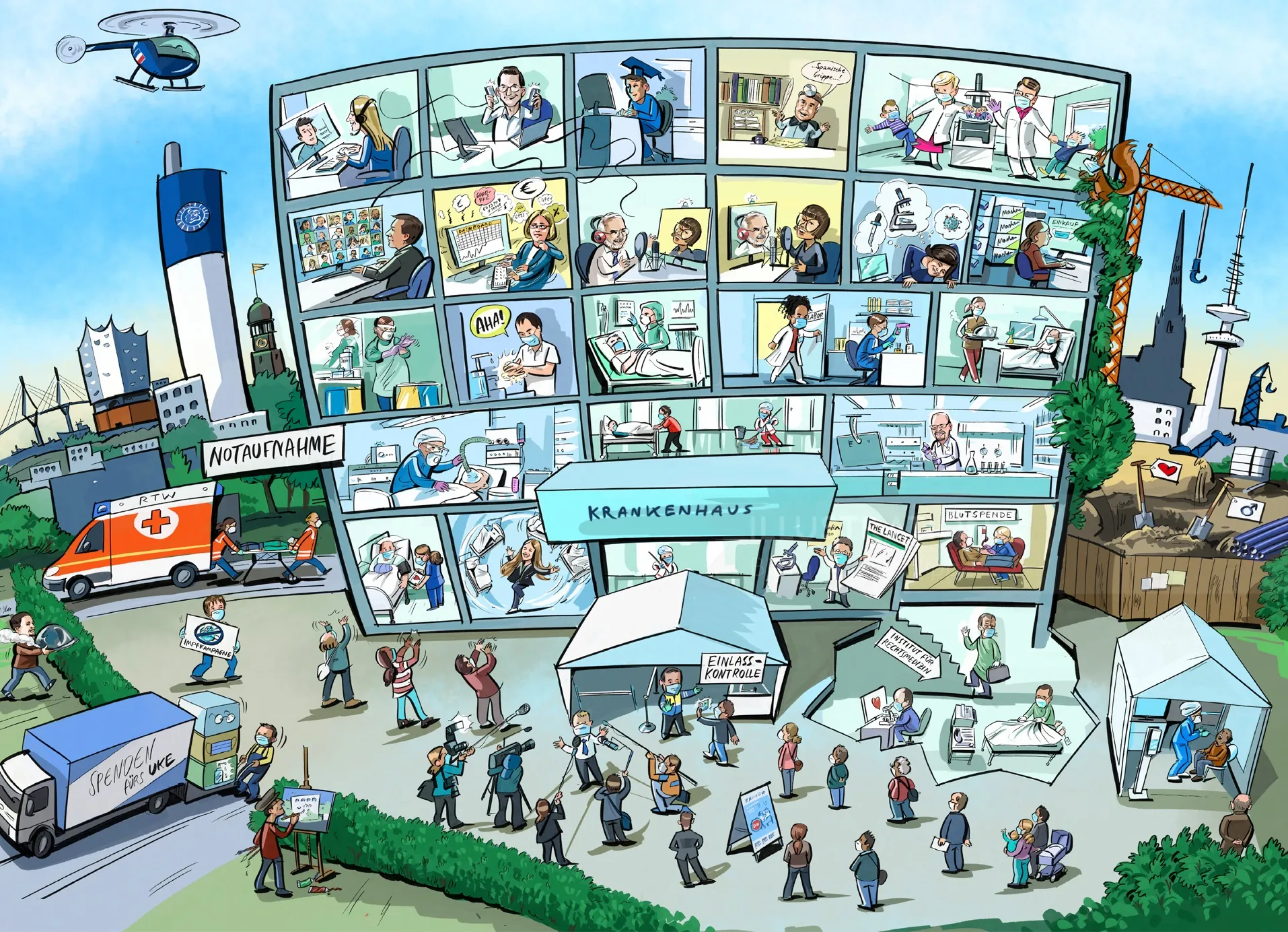 Busy office building with many workers in various rooms and outdoor areas by Björn von Schlippe