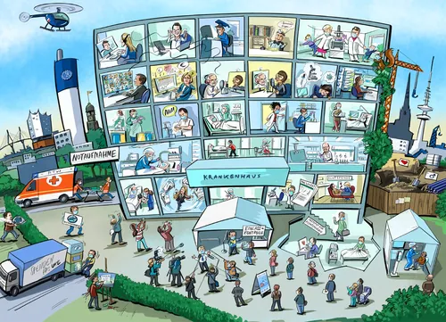 Busy office building with many workers in various rooms and outdoor areas by Björn von Schlippe
