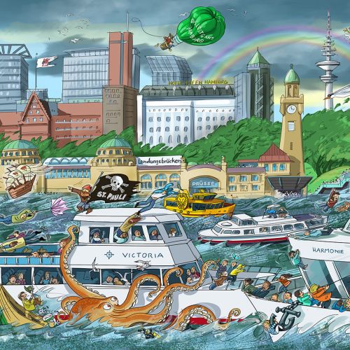 Busy harbor scene with boats, sea creatures, and cityscape by Björn von Schlippe