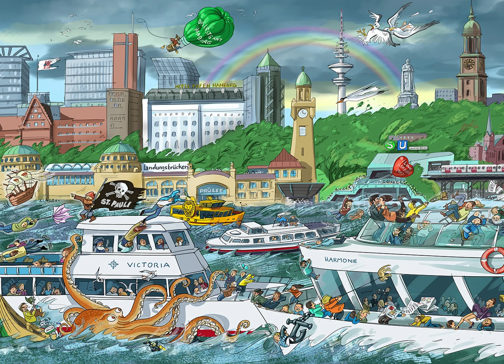 Busy harbor scene with boats, sea creatures, and cityscape by Björn von Schlippe