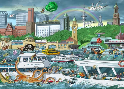 Busy harbor scene with boats, sea creatures, and cityscape by Björn von Schlippe