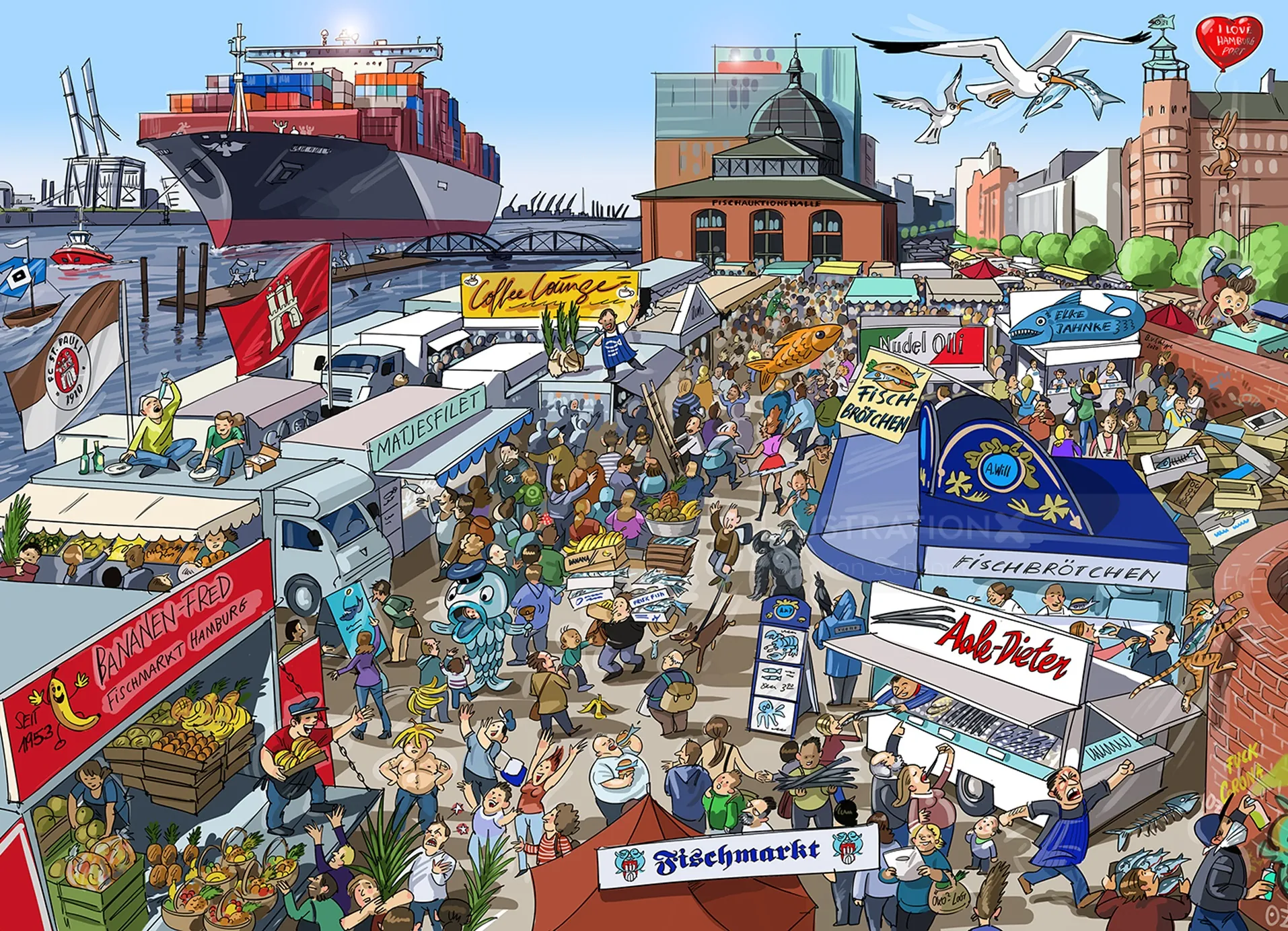 Crowded harbor market with stalls, shoppers, ship, and seagulls by Björn von Schlippe