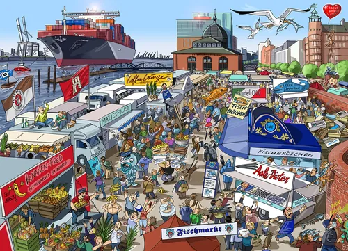Crowded harbor market with stalls, shoppers, ship, and seagulls by Björn von Schlippe