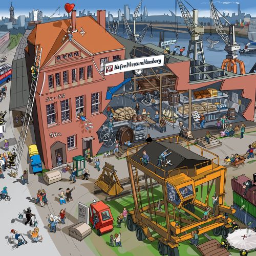 Harbor construction site with cranes and workers by Björn von Schlippe