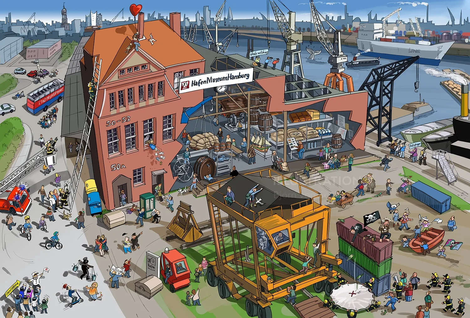 Harbor construction site with cranes and workers by Björn von Schlippe