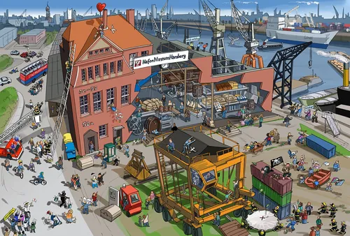 Harbor construction site with cranes and workers by Björn von Schlippe