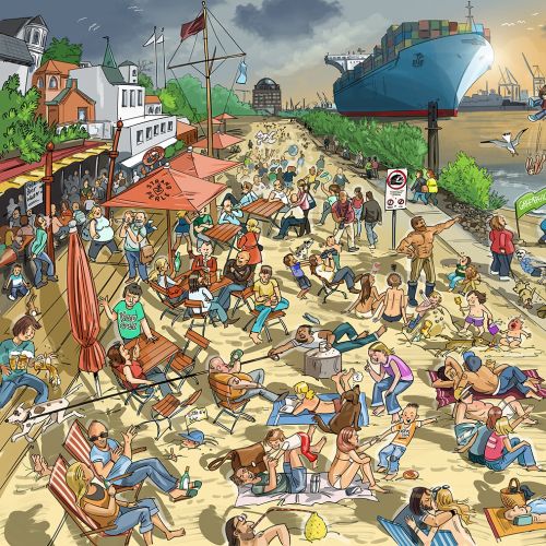 Busy beach crowded with sunbathers and cargo ships in background by Björn von Schlippe