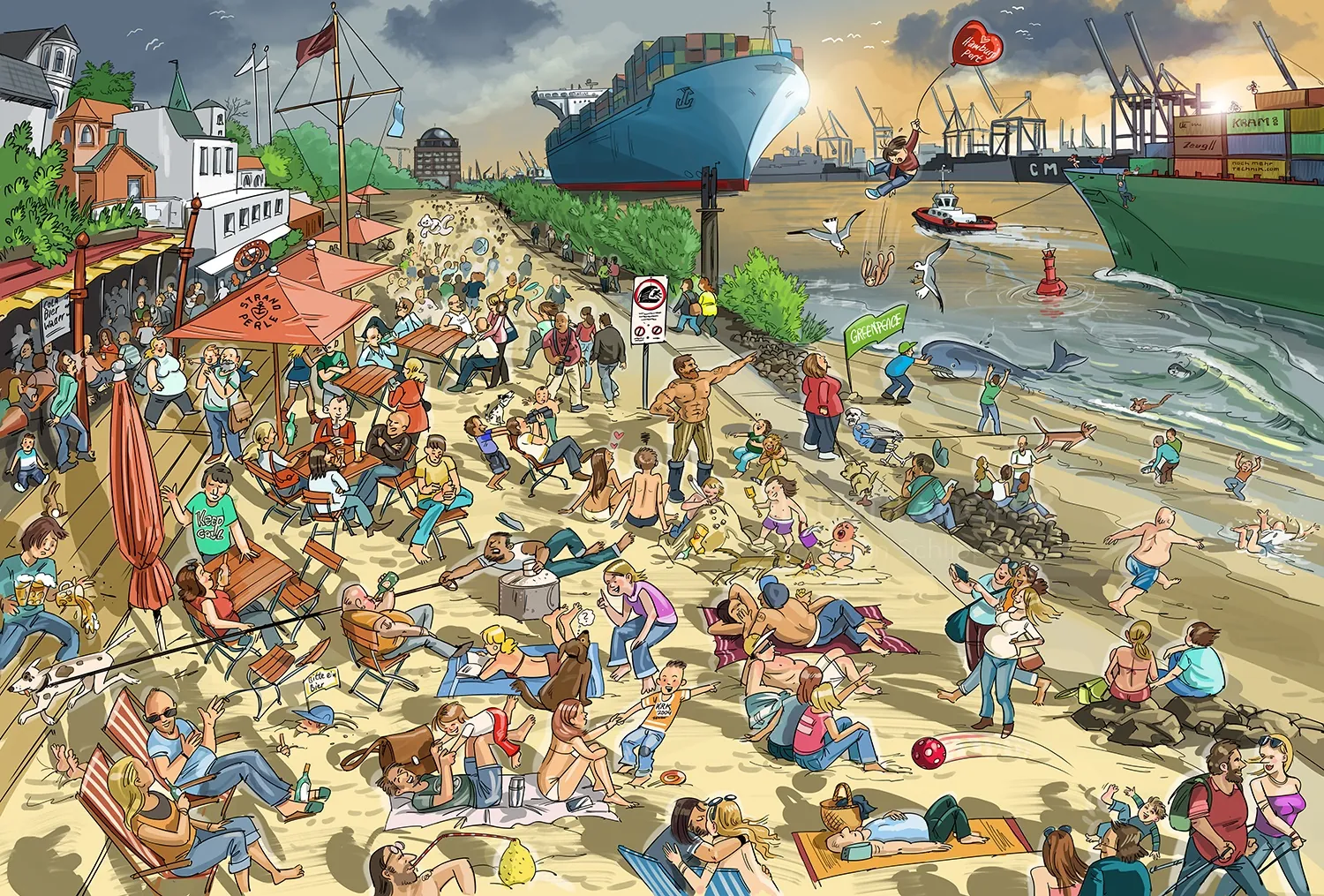 Busy beach crowded with sunbathers and cargo ships in background by Björn von Schlippe