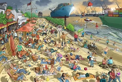 Busy beach crowded with sunbathers and cargo ships in background by Björn von Schlippe
