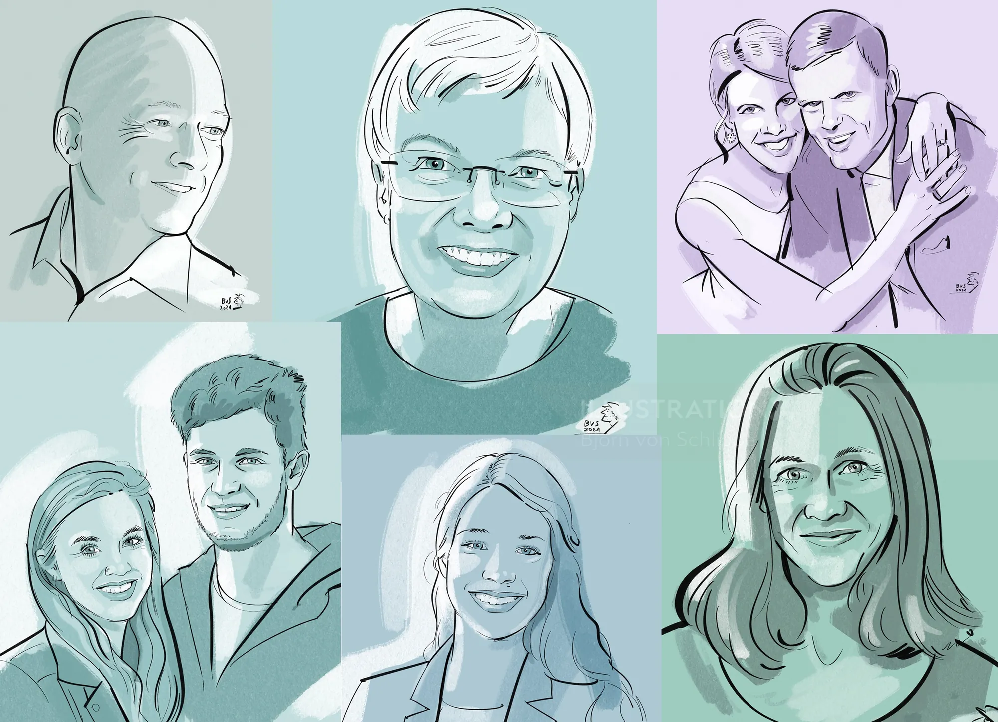 Six portrait sketches of men and women by Björn von Schlippe