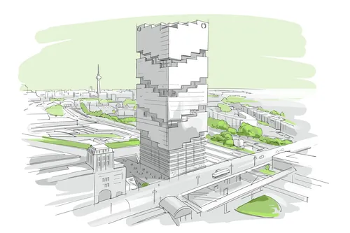 Illustration of a modern high-rise tower with external staircase by Björn von Schlippe