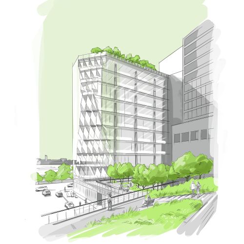 Architectural drawing of modern building with terraces and greenery by Björn von Schlippe