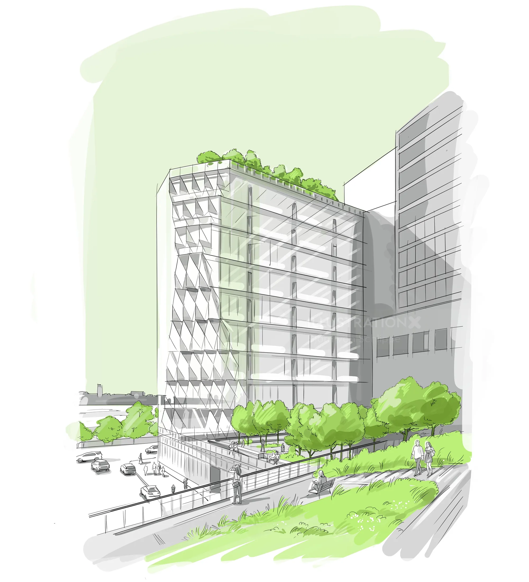 Architectural drawing of modern building with terraces and greenery by Björn von Schlippe