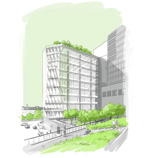 Architectural drawing of modern building with terraces and greenery by Björn von Schlippe