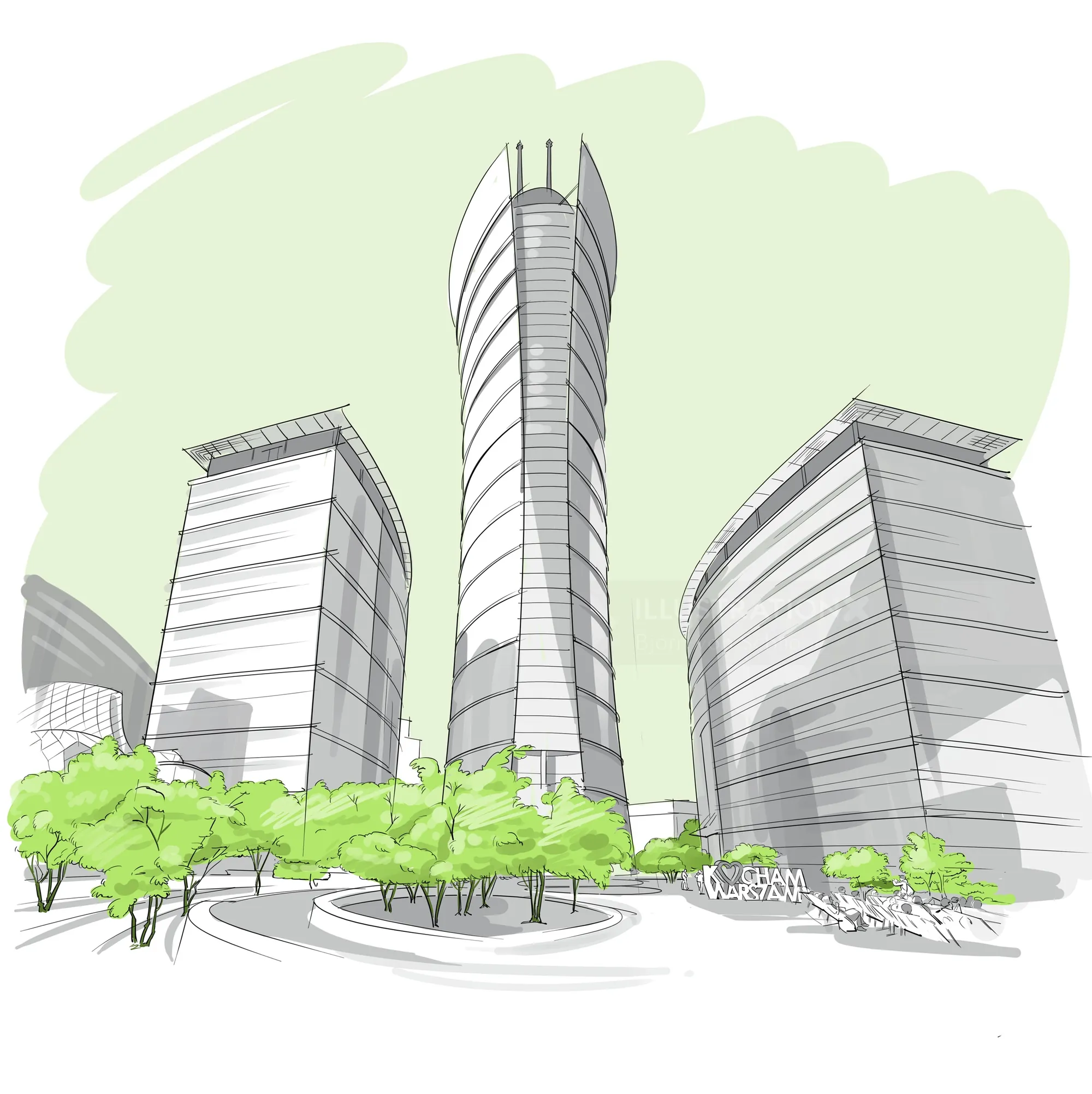 Sketch of modern skyscrapers with trees by Björn von Schlippe