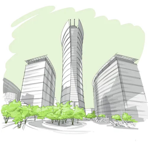 Sketch of modern skyscrapers with trees by Björn von Schlippe