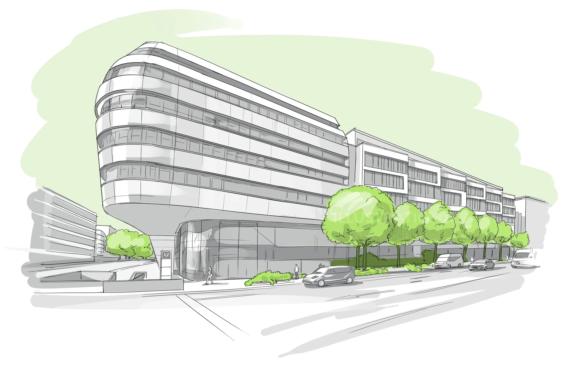 Sketch of modern office building with trees by Björn von Schlippe