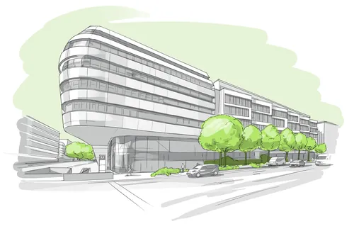 Sketch of modern office building with trees by Björn von Schlippe