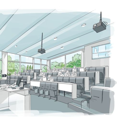 Modern classroom interior with tiered seats and projectors by Björn von Schlippe