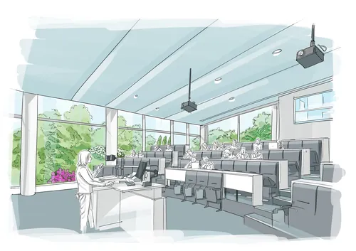 Modern classroom interior with tiered seats and projectors by Björn von Schlippe
