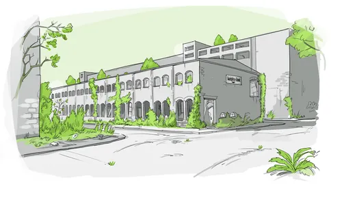 Perspective drawing of modern building with greenery by Björn von Schlippe