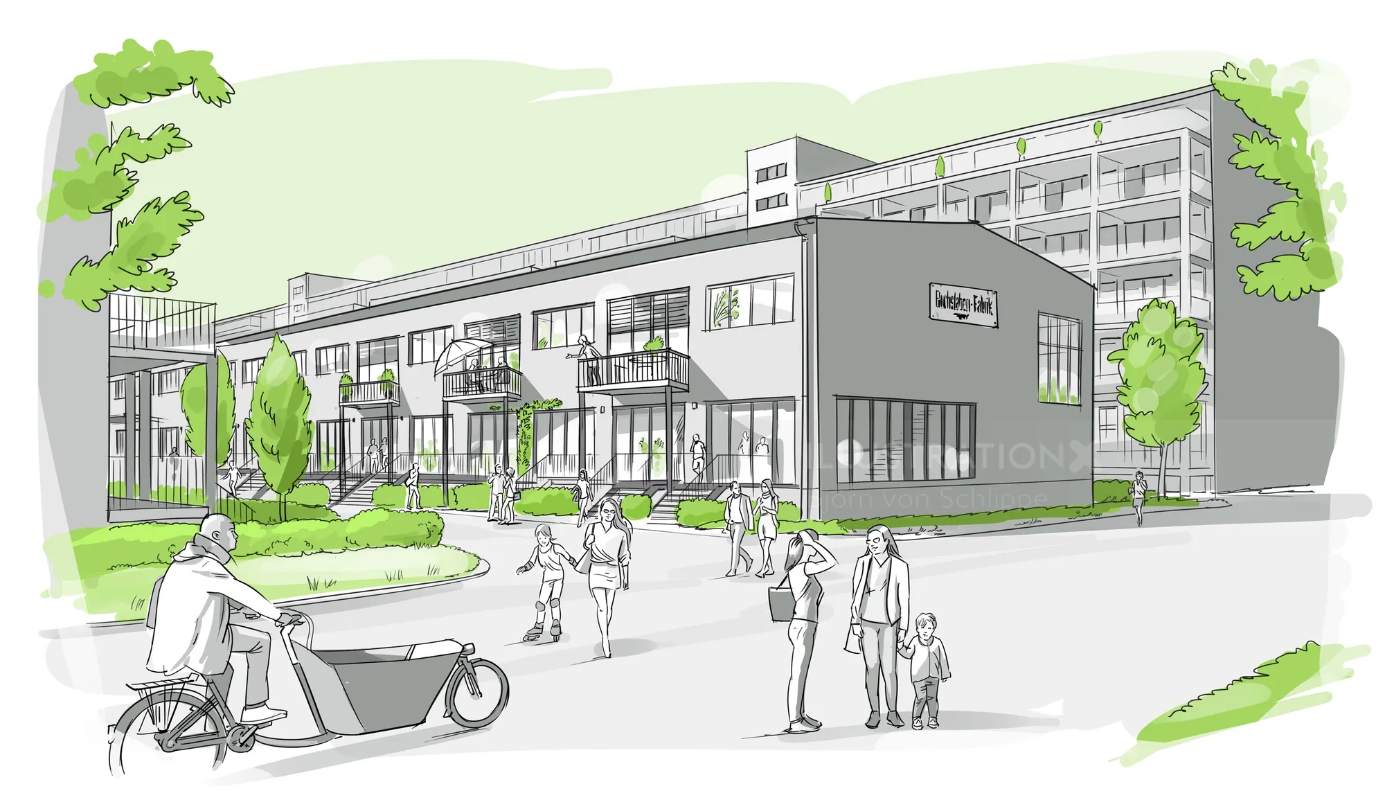 Modern community center exterior with people walking and cycling by Björn von Schlippe