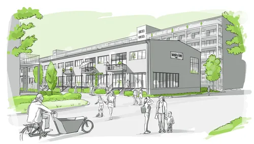 Modern community center exterior with people walking and cycling by Björn von Schlippe
