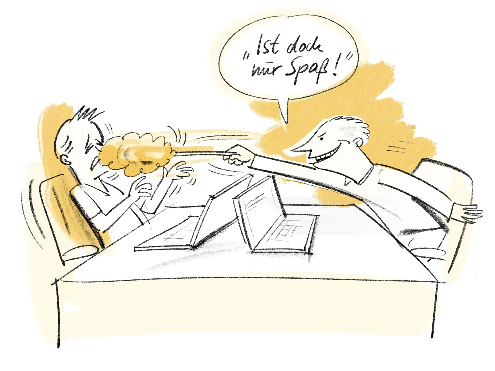 Cartoon showing two office workers having fun with a water gun, by Björn von Schlippe