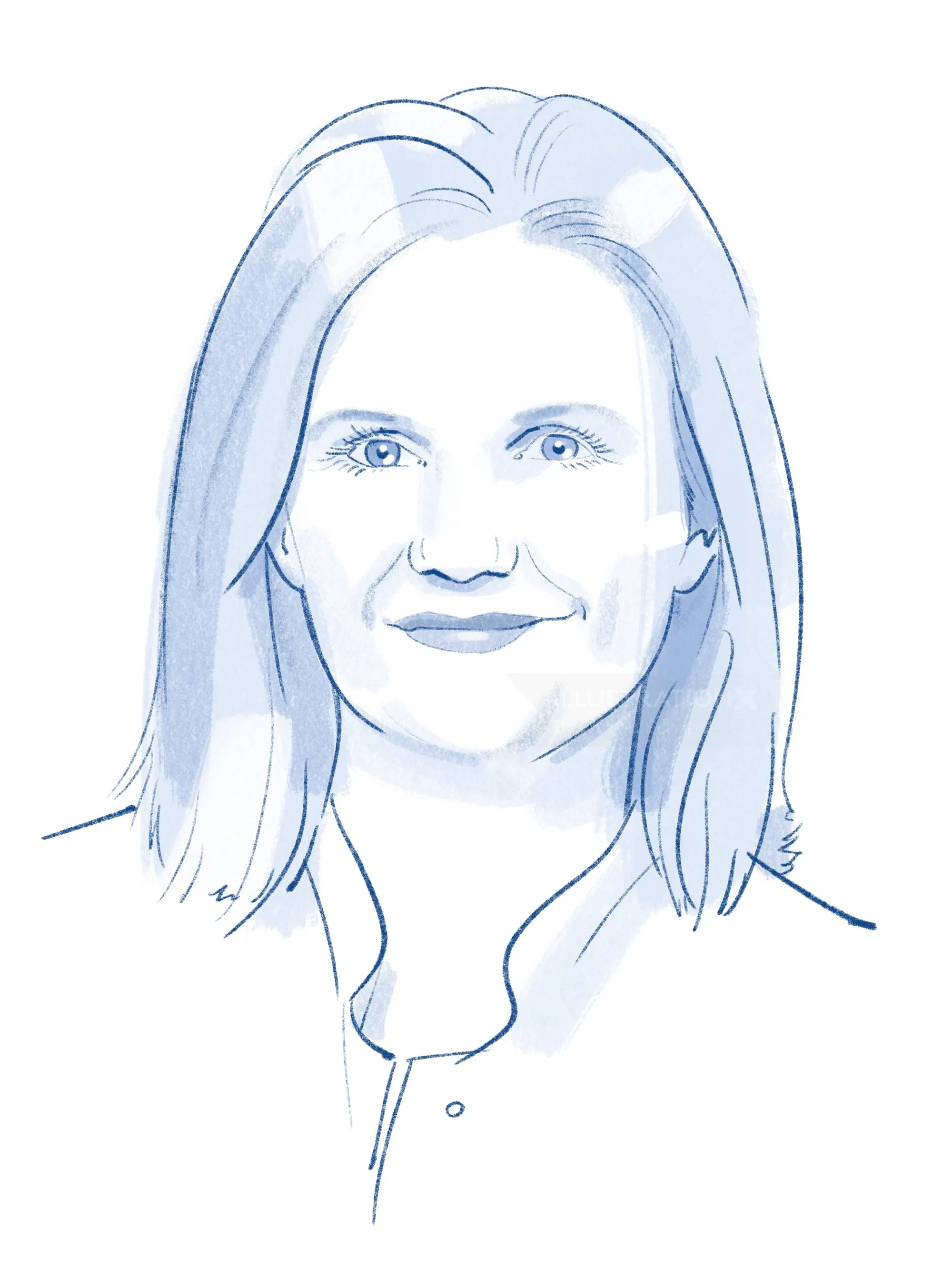 Blue line sketch of a smiling woman by Björn von Schlippe