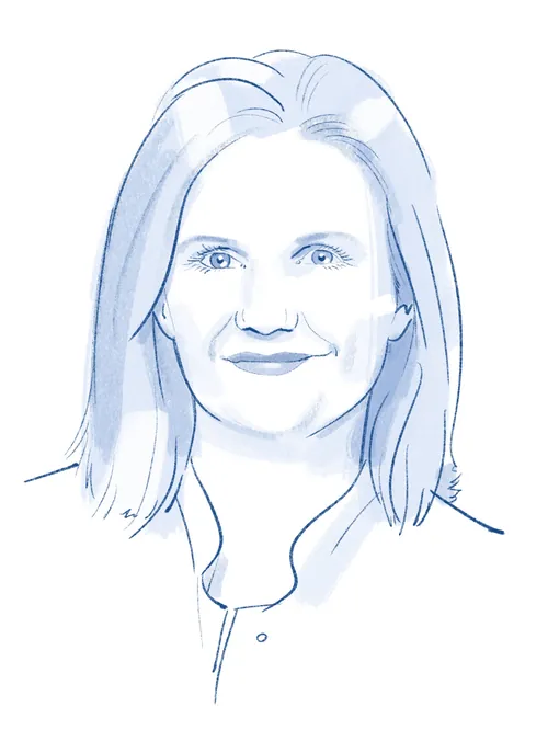Blue line sketch of a smiling woman by Björn von Schlippe