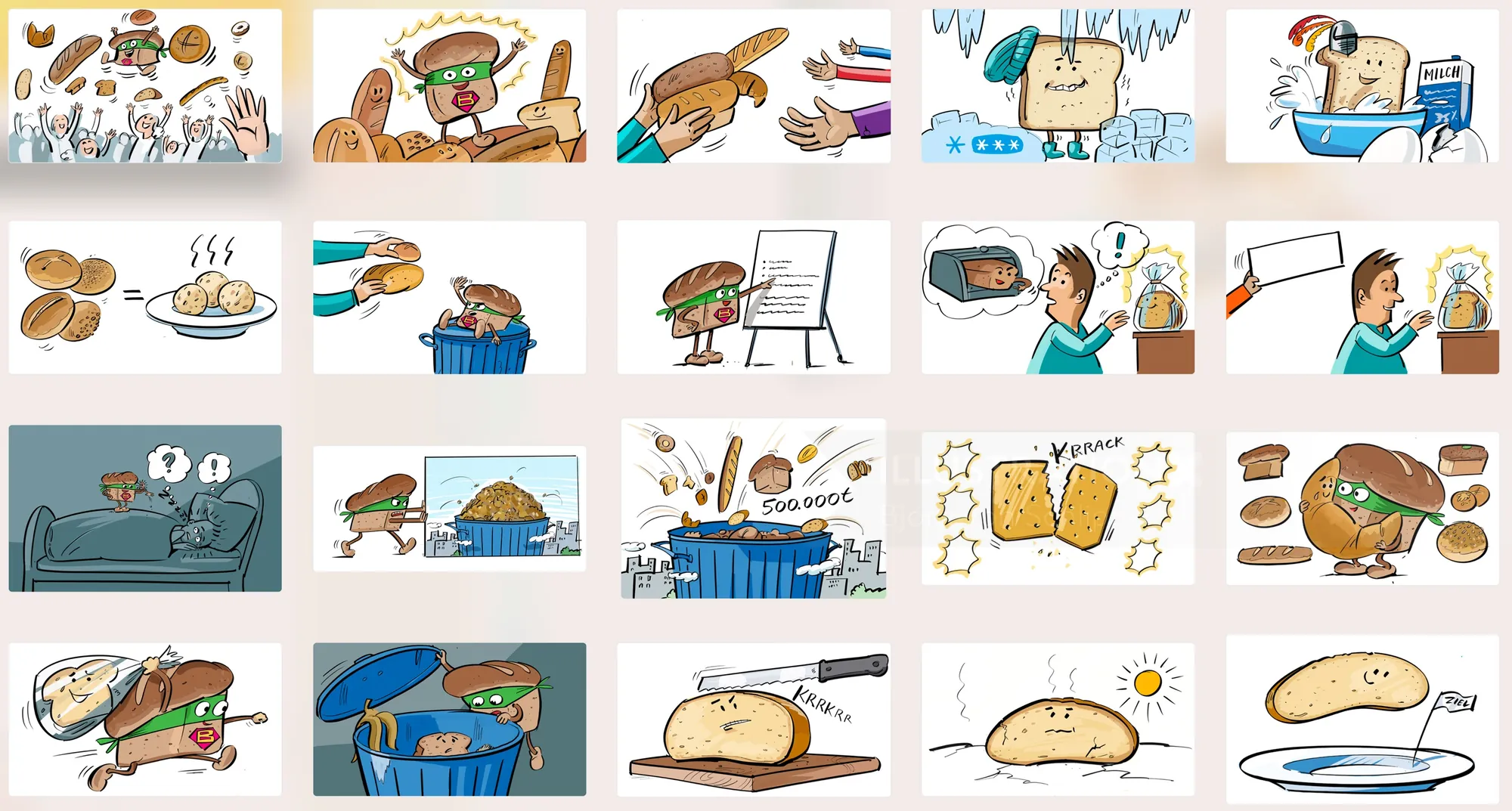 Comic strip featuring a piece of bread with butter in different scenarios by Björn von Schlippe
