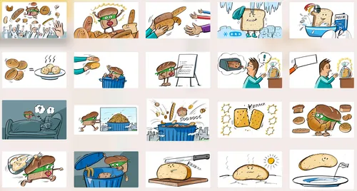 Comic strip featuring a piece of bread with butter in different scenarios by Björn von Schlippe