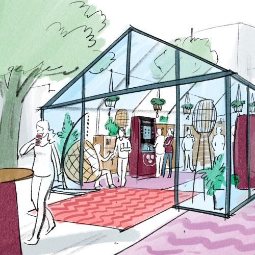 Sketch of a glass pavilion with visitors by Björn von Schlippe