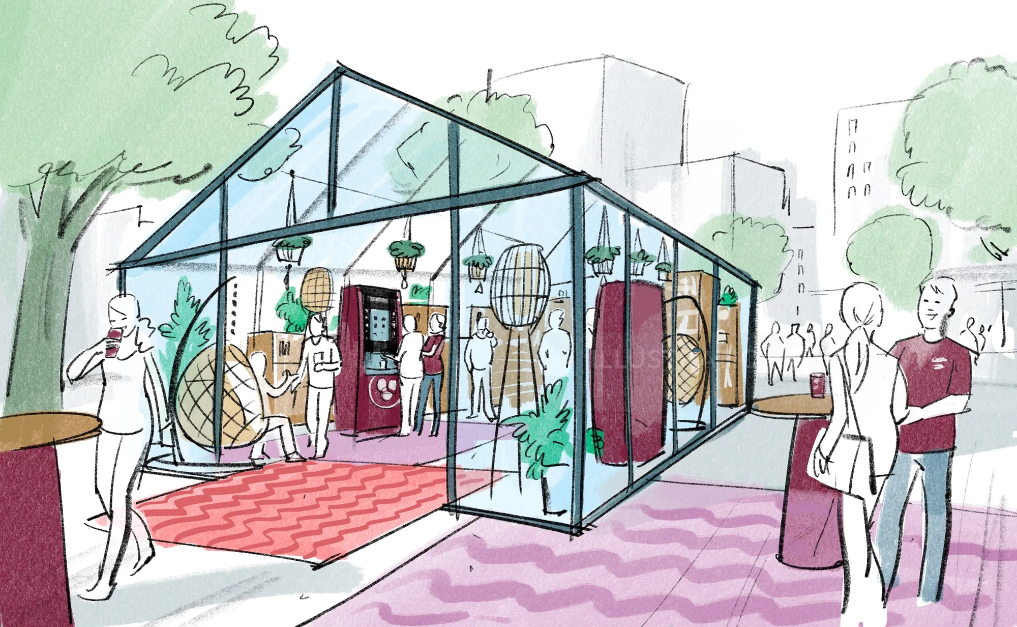 Sketch of a glass pavilion with visitors by Björn von Schlippe