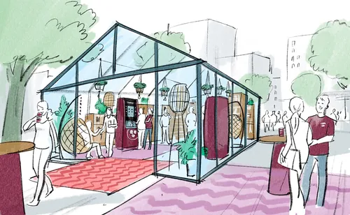 Sketch of a glass pavilion with visitors by Björn von Schlippe