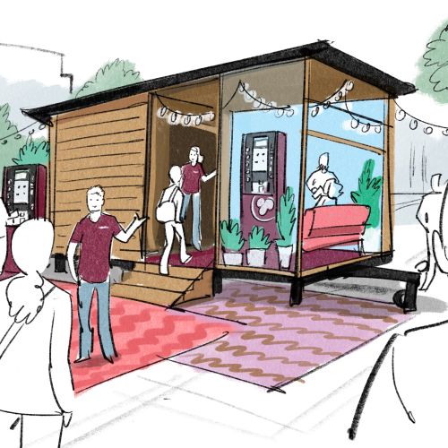 Outdoor cafe scene with people sitting and walking by, artwork by Björn von Schlippe