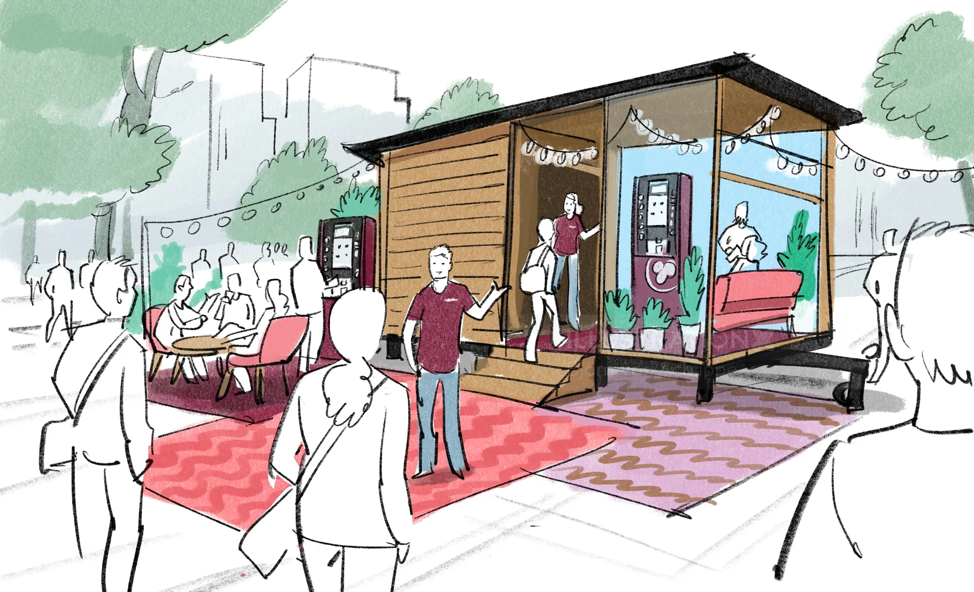 Outdoor cafe scene with people sitting and walking by, artwork by Björn von Schlippe