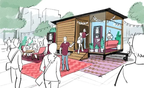 Outdoor cafe scene with people sitting and walking by, artwork by Björn von Schlippe