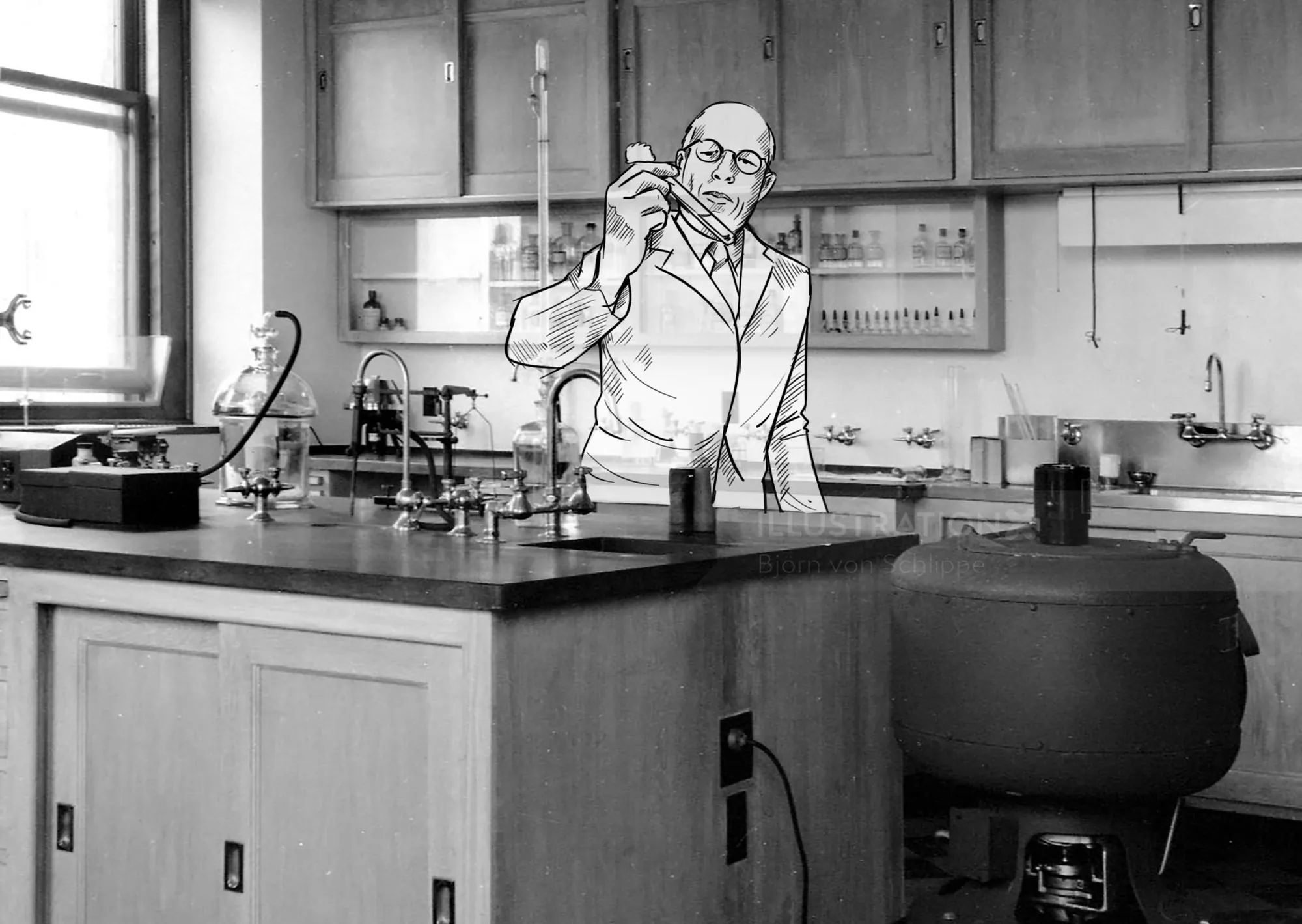 Scientist in white coat holding test tube in laboratory by Björn von Schlippe