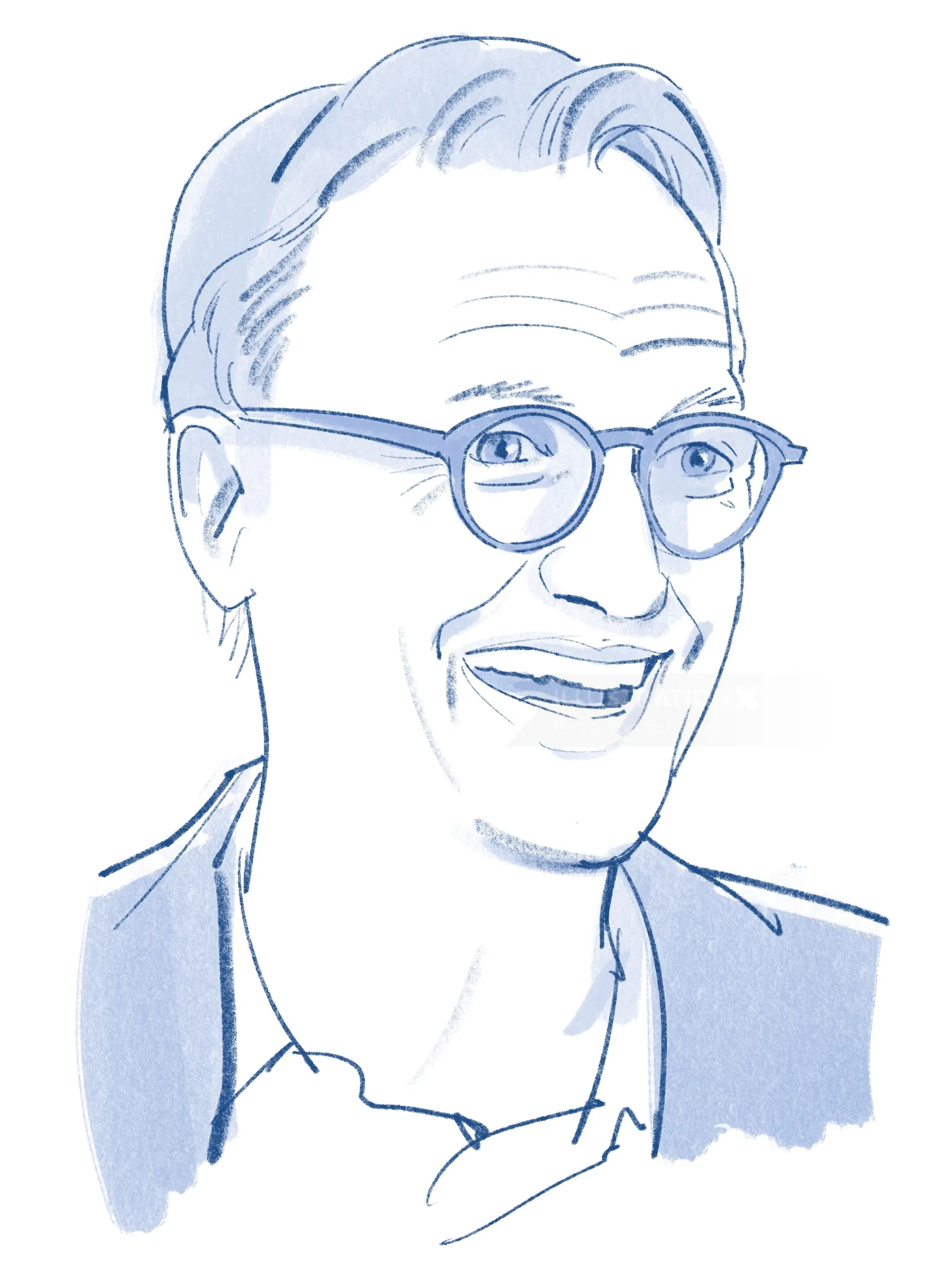 Blue-toned sketch of smiling man with glasses by Björn von Schlippe