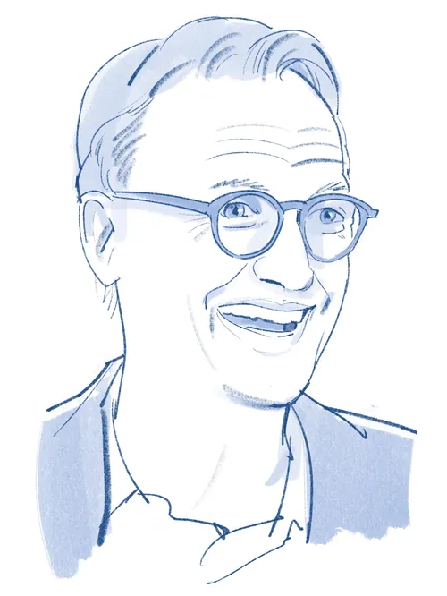 Blue-toned sketch of smiling man with glasses by Björn von Schlippe